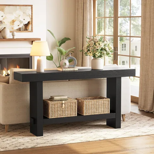 Miniatura 3 de Mesa consola de madera maciza de 63 pulgadas, mesa de entrada estrecha de 2 niveles para pasillo, entrada, sala de estar, detrás del sofá