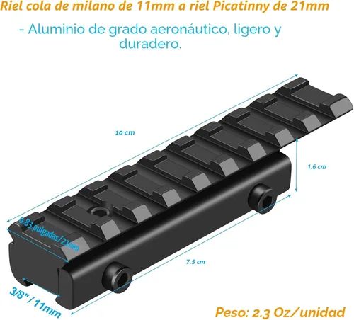 Miniatura 5 de LONSEL Adaptador de riel de cola de milano a Picatinny de 11 mm a 21 mm - Montura de conversión de riel elevador de mira de perfil bajo - Montura