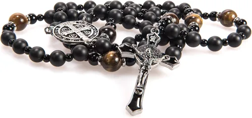 Miniatura 7 de Rosario negro de San Benito con cuentas católicas Rosario de ónix resistente Rosario antiguo de piedra hecha a mano con crucifijo de San Benito