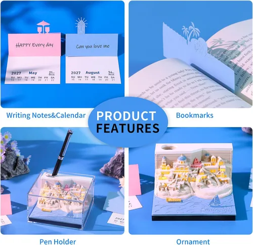 Miniatura 5 de Calendario de piezas de tiempo 2024, bloc de notas de calendario 3D con luces LED y soporte para bolígrafo, calendario de escritorio creativo, bloc