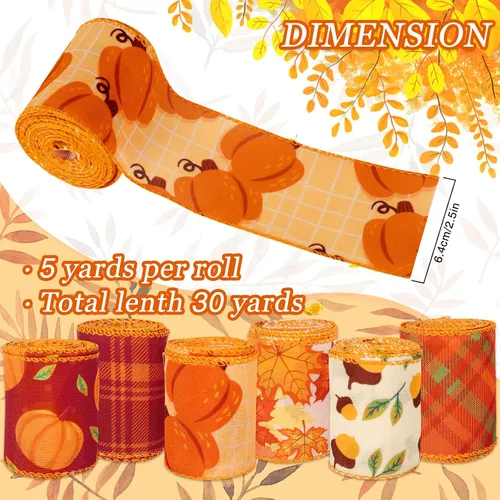 Miniatura 2 de Whaline 6 rollos de cinta de 30 yardas de otoño con borde de alambre de Acción de Gracias de otoño, naranja, a cuadros, calabaza, hojas de arce