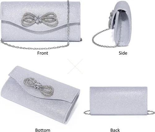 Miniatura 2 de DETARA Bolso de noche para mujer, con lazo de cristal brillante, con solapa, bolso de mano para mujer, boda, fiesta, baile de graduación