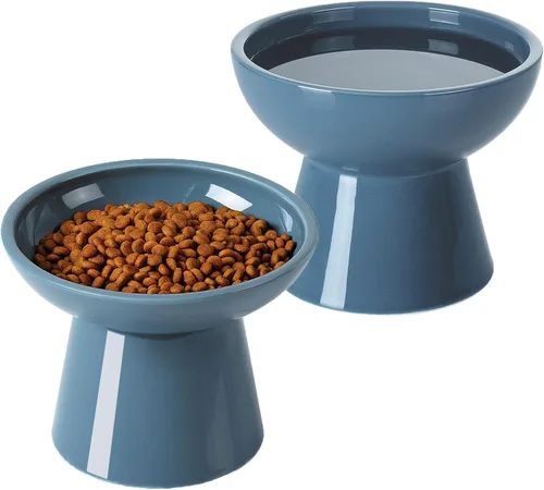 Miniatura 19 de LoeJan Juego de cuencos elevados de comida y agua para gatos, comedero de cerámica extra ancho y elevado, cuenco de alimentación a presión Verde