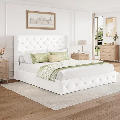Miniatura 9 de BRELTAM Marco de Cama Tamaño Queen con Cajones de Almacenamiento y Cabecero Wingback Tapizado en Terciopelo Marco de Cama Plataforma Camas Blanco