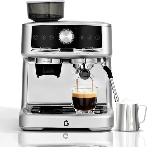 Garvee Máquina de café expreso de acero inoxidable a presión de 20 bar con molinillo, tanque de agua extraíble de 1.5 L, varita de vapor espumador