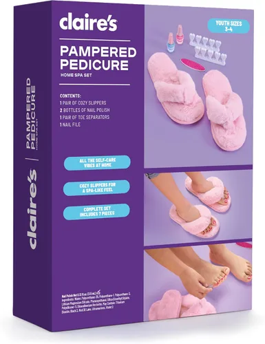 Miniatura 6 de Claire's Kit de pedicura para niños, juego de spa en casa de 7 piezas con pantuflas peludas, esmalte de uñas, separadores de dedos y lima de uñas