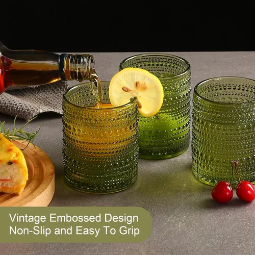 Miniatura 7 de ZMOWIPDL Juego de vasos de vidrio vintage de 6, vasos de 12 oz con asa de vidrio, jarra de agua verde en relieve, para cerveza, cóctel, whisky, jugo