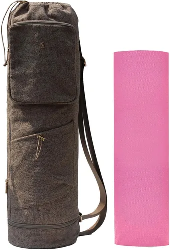 Miniatura 15 de ESVAN Bolsa para esterilla de yoga con múltiples bolsillos. Bolsa de transporte con cordón para esterilla de yoga, Pilates, ejercicio. Bolsa de Lino