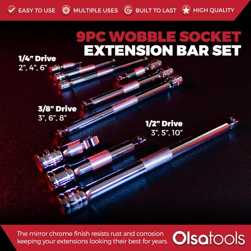 Miniatura 2 de Olsa Tools Juego de extensión de zócalo Wobble – 9 barras de extensión Cr-V de doble función – 1/2", 3/8", 1/4" accesorios de trinquete con agarre