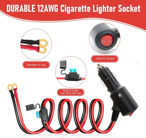 Miniatura 2 de Adaptador de encendedor de cigarrillos macho a terminal de anillo de batería de 2 pies, 12 V/24 V, enchufe de encendedor de cigarrillos resistente