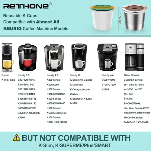 Miniatura 2 de RETHONE Tazas K Cup Cápsulas de Café Reutilizables Compatibles con Máquinas de Café Keurig 1.0 y 2.0, Tazas K Cup Reutilizables de Acero Inoxidable