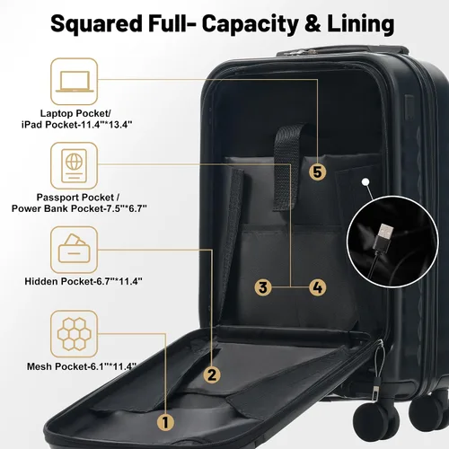Miniatura 3 de Merax Juegos de equipaje de mano en maleta aprobada por aerolíneas, estuche rígido con ruedas giratorias expandibles, Negro