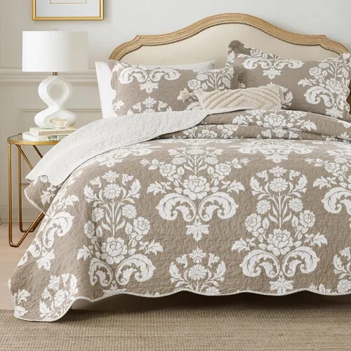 Juego de edredón gris pardo tamaño King, edredones 100% algodón, diseño floral y a rayas, juego de ropa de cama reversible gris topo y blanco, juego