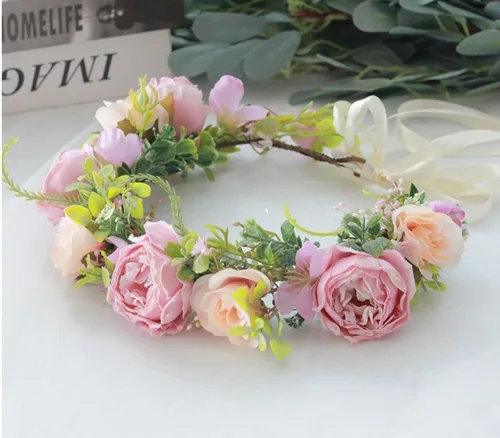Miniatura 4 de DreamLily Corona de flores de camelias para niñas, para fotos de cumpleaños, corona de pelo, boda, festival, floral, XM11 (A-Blush)