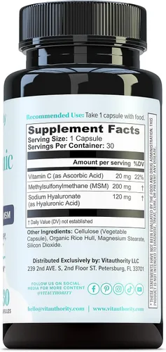 Miniatura 7 de Vitauthority Cápsulas de ácido hialurónico con MSM y vitamina C 120 mg de hialuronato de sodio Hidratación de la piel, elasticidad y apoyo