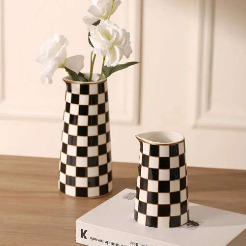 Miniatura 4 de Porlien Juego de 2 floreros de porcelana a cuadros para decoración del hogar, con botellas pequeñas de flores de interior de 5.5 pies de alto y 8