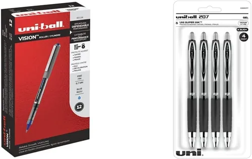 uniball Vision - Bolígrafos de punta fina de 0.028 in, color azul, 12 unidades y bolígrafos de gel uniball, 207 signo gel con punta media de 0.028