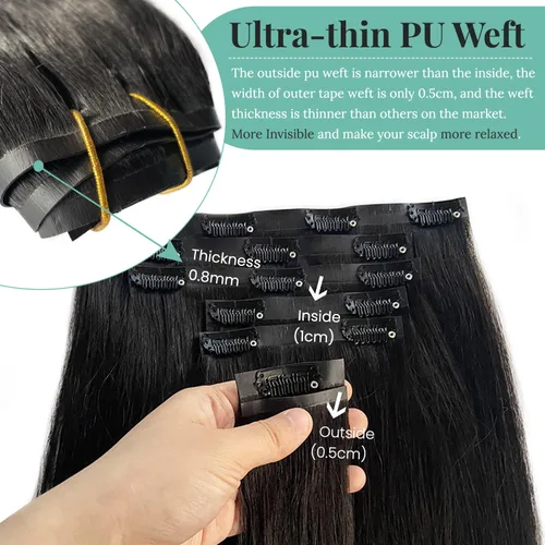 Miniatura 6 de Extensiones de cabello con clip sin costuras de cabello humano real, extensiones de cabello natural negro real con clip 7 piezas 100 g 36 cm