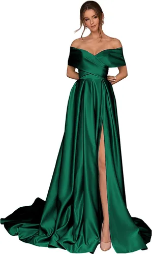 BONOYUER Vestido de fiesta de satén con hombros descubiertos para mujer, vestido de noche de fiesta formal con bolsillos