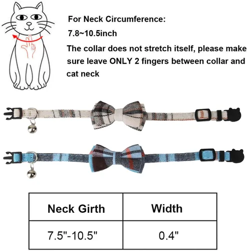 Miniatura 6 de ADOGGYGO Collares de Gato a Cuadros Breakaway con Campana de Lazo, Corbata de Moño Extraíble, Paquete de 2 Collares de Lazo a Cuadros Beige Azul