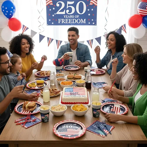Miniatura 7 de 120 platos y servilletas del 4 de julio, suministros de fiesta de aniversario del 250 para 24 invitados, platos de papel patrióticos desechables