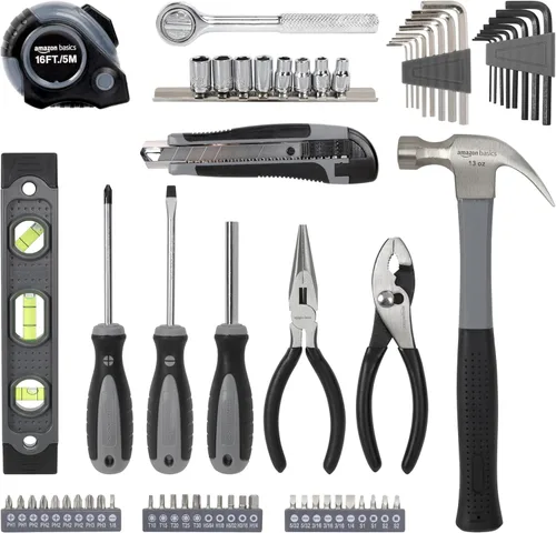 Miniatura 2 de Amazon Basics Juego de herramientas de reparación básicas para el hogar de 65 piezas con bolsa, plata, negro