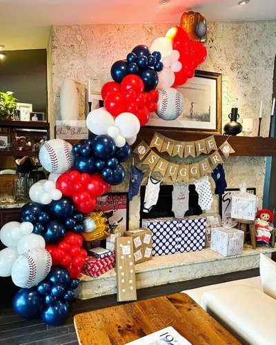 Miniatura 8 de Kit de guirnalda de arco de globos de béisbol, kit de guirnalda de arco de globos rojos, blancos y azules para fiestas deportivas, cumpleaños