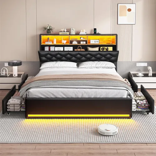 Miniatura 7 de HAUOMS Base de cama Queen con cabecera de 3 niveles y almacenamiento oculto, marco de cama LED tapizado con 4 cajones y estación de carga, marco