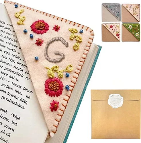 Miniatura 62 de Marcapáginas de esquina bordado a mano personalizado, 26 letras con costura a mano de fieltro, marcapáginas de esquina con bordado de flores lindo