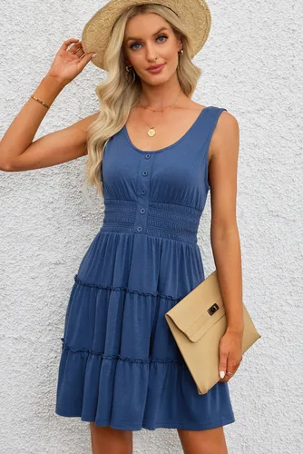 Miniatura 7 de Dokotoo Vestidos de verano para mujer, sin mangas, con botones, cintura elástica, volantes, escalonados, casual, con vuelo, mini vestido