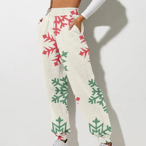 Miniatura 2 de Pantalones de chándal Estampado navideño para mujer rectos, cintura alta, elásticos, sueltos, básicos