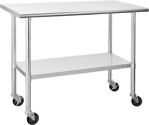 Miniatura 17 de Mesa de acero inoxidable para preparación y trabajo, con ruedas giratorias, mesa resistente, comercial NSF, con estante inferior y protector