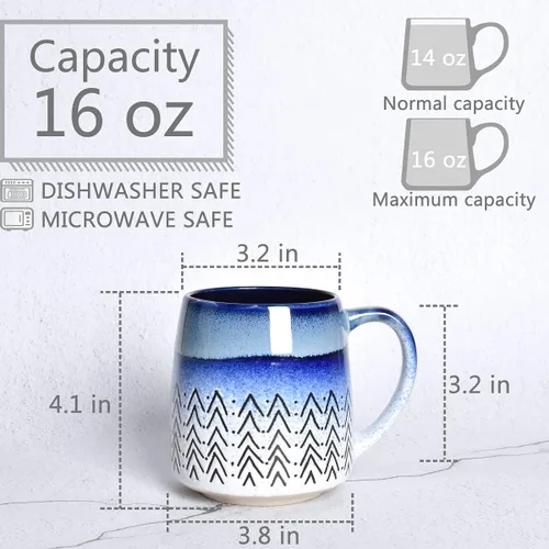 Miniatura 2 de Bosmarlin Juego de 2 tazas de café grandes de cerámica, 16 onzas, taza de té de cerámica azul grande para oficina y hogar, apta para lavavajillas