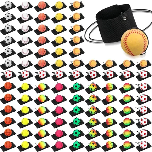 Miniatura 8 de Skylety Bola de Muñeca con Rebote de 1.85 Pulgadas, Bola de Deporte de Goma con Correa y Cuerda, Bolas Reboteadoras de Baloncesto, Béisbol, Fútbol