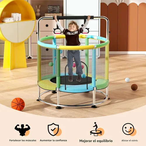 Miniatura 7 de Trampolín de 55 pulgadas para niños, de hasta 440 libras con fondo redondo antivuelco, trampolín para interiores y exteriores con recinto