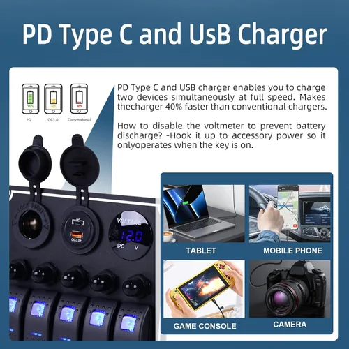 Miniatura 6 de Panel de interruptores de barco marino de 5 posiciones con cargador USB dual y voltímetro, panel de interruptores basculantes de aluminio