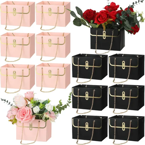 Miniatura 10 de Lincia 12 cajas de flores negras para boda, bolsa de regalo de flores negras, cajas de ramo con asas para arreglos, papel de regalo de ramo