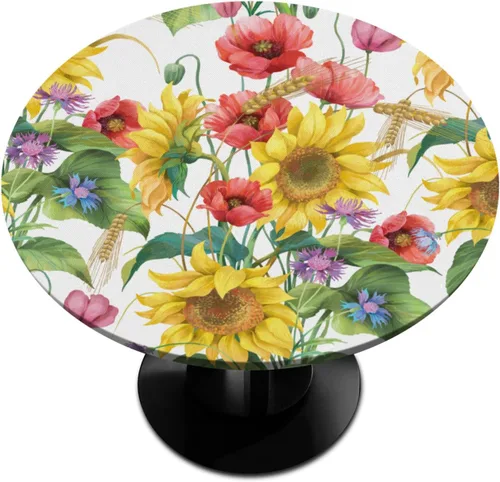 Pardick Mantel redondo ajustable con flores, mantel redondo de cebada y amapola con borde elástico, impermeable, lavable, se adapta a mesas de hasta