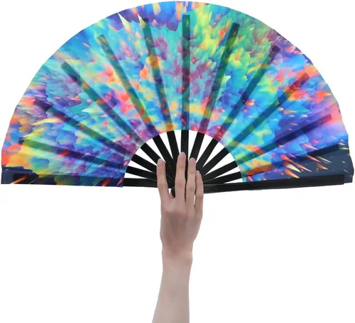 Miniatura 6 de HeyToo Ventilador de mano grande para mujeres/hombres, con brillo UV, para Drag Queen, cosplay, EDM, club, fiesta, música, festival, baile, Cuadrado