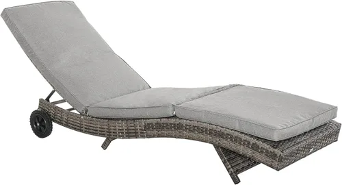 Miniatura 10 de Outsunny Tumbona de mimbre para exteriores de ratán de polietileno acolchado para patio, tumbona con respaldo ajustable de 5 niveles y ruedas