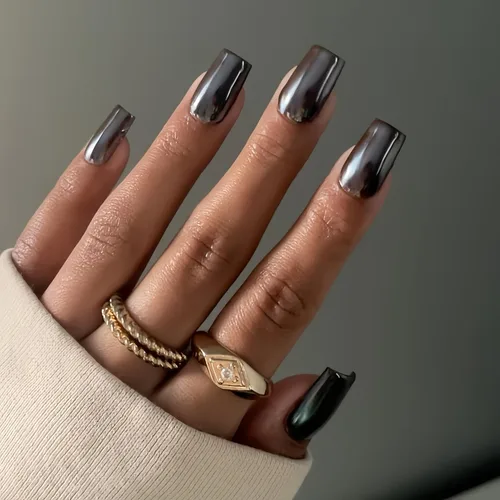 Miniatura 15 de Uñas Postizas Cuadradas de Cromo Púrpura Cortas Medianas para Presionar, KQueenest Uñas Acrílicas Falsas de Plateado Metálico Espejo para Presionar