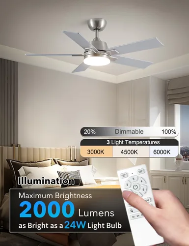 Miniatura 6 de Ventiladores de techo de 42 pulgadas con luces y control remoto, ventilador de techo de níquel cepillado, motor CC reversible de 6 velocidades, LED