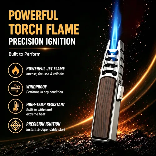 Miniatura 2 de Encendedor de antorcha de butano, soplete recto resistente al viento, encendedor de llama azul, encendedor de turbina, encendedor de cocina Negro