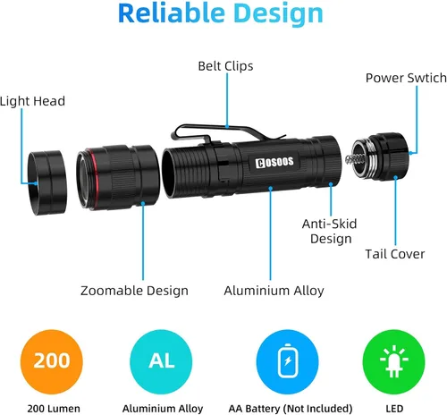 Miniatura 3 de COSOOS 3 linternas LED tácticas mini con clip, linterna AA brillante zoomable de 3.7 pulgadas de alto lúmen, linterna de bolsillo tamaño pluma, 1