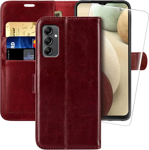 MONASAY Funda tipo cartera compatible con Galaxy A14 5G, protector de pantalla de vidrio incluido, bloqueo RFID, funda de piel con tarjetero y