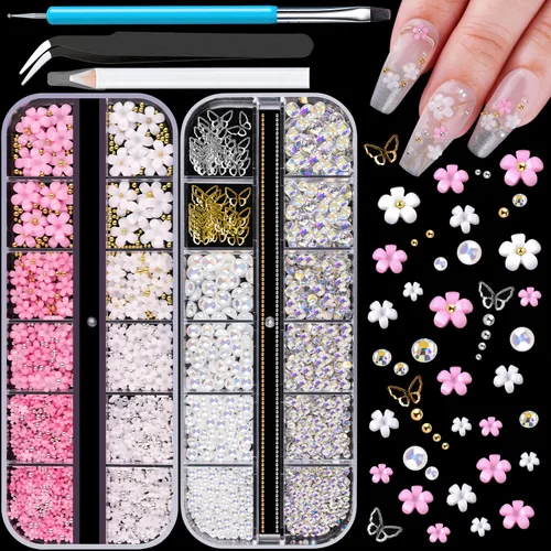 Miniatura 14 de Dijes para uñas 3D, kit de manicura con gel de pegamento de diamantes de imitación para uñas (curado UV), mariposa blanca rosa flor gemas AB 03-2