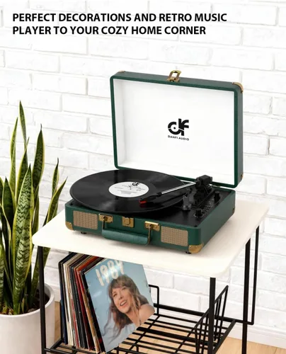 Miniatura 11 de Tocadiscos de vinilo Bluetooth de 3 velocidades portátil tipo maleta con altavoces integrados, grabación USB de vinilo a MP3, RCA, AUX y salida