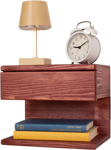 Miniatura 8 de Mesita de noche flotante lateral o mesa auxiliar con cajón de almacenamiento, estante de noche de madera, mesa flotante hecha a mano, estante