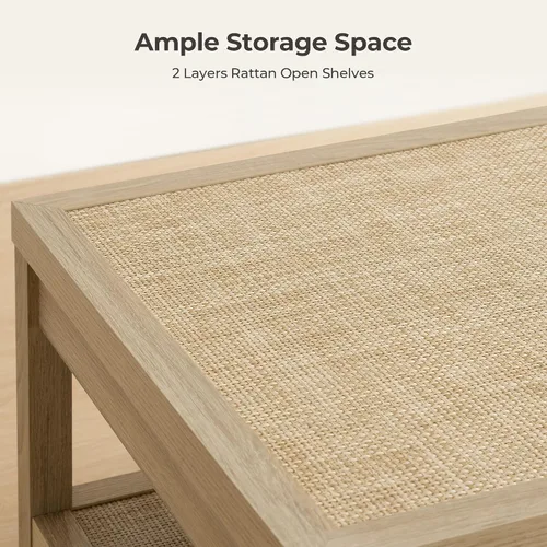 Miniatura 10 de SICOTAS - Mesa de café de ratán para sala de estar - Mesa central de comedor rectangular de estilo bohemio con estante de almacenamiento de ratán