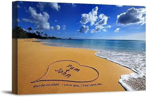 Miniatura 12 de Corazón y corazón en hermoso amanecer fotos personalizadas únicas o impresiones en lienzo con nombres de pareja y fecha especial en la playa, regalo